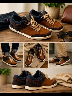 Men's Brown Leather & Dark Brown Low-Top Sneakers with Beige Laces